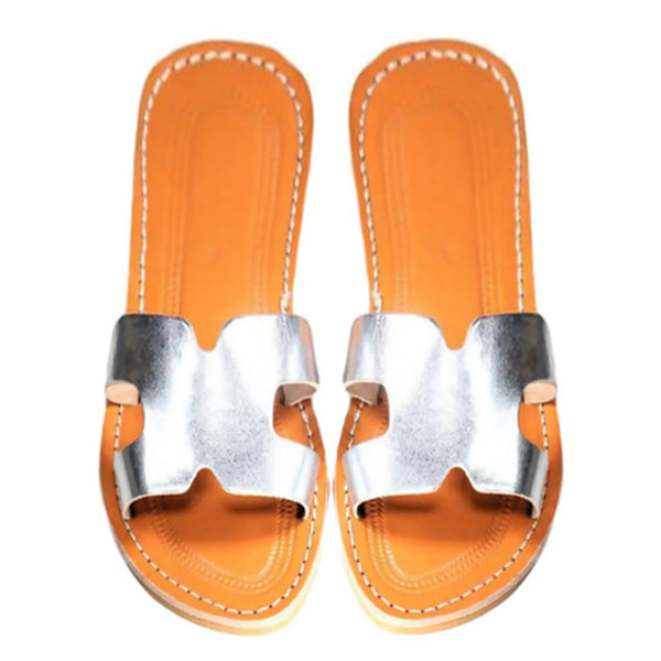 Sandales en cuir véritable argenté en forme de H