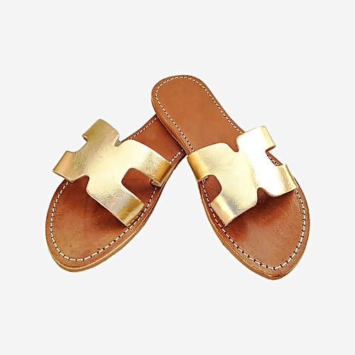 Sandales dorées en cuir véritable en forme de H