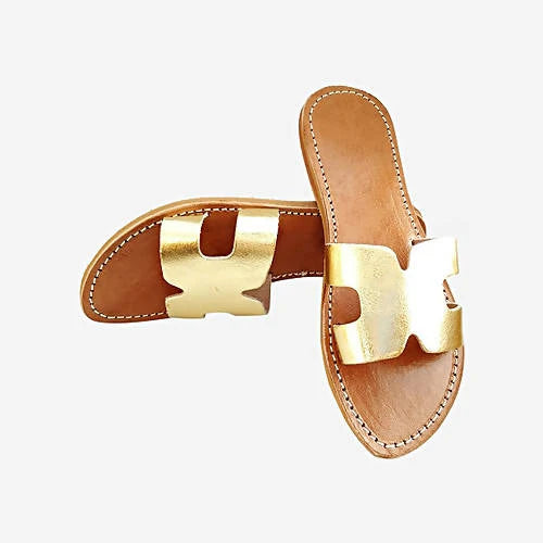 Sandales dorées en cuir véritable en forme de H