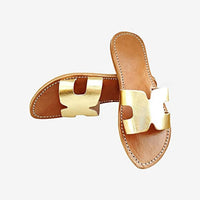 Sandales dorées en cuir véritable en forme de H